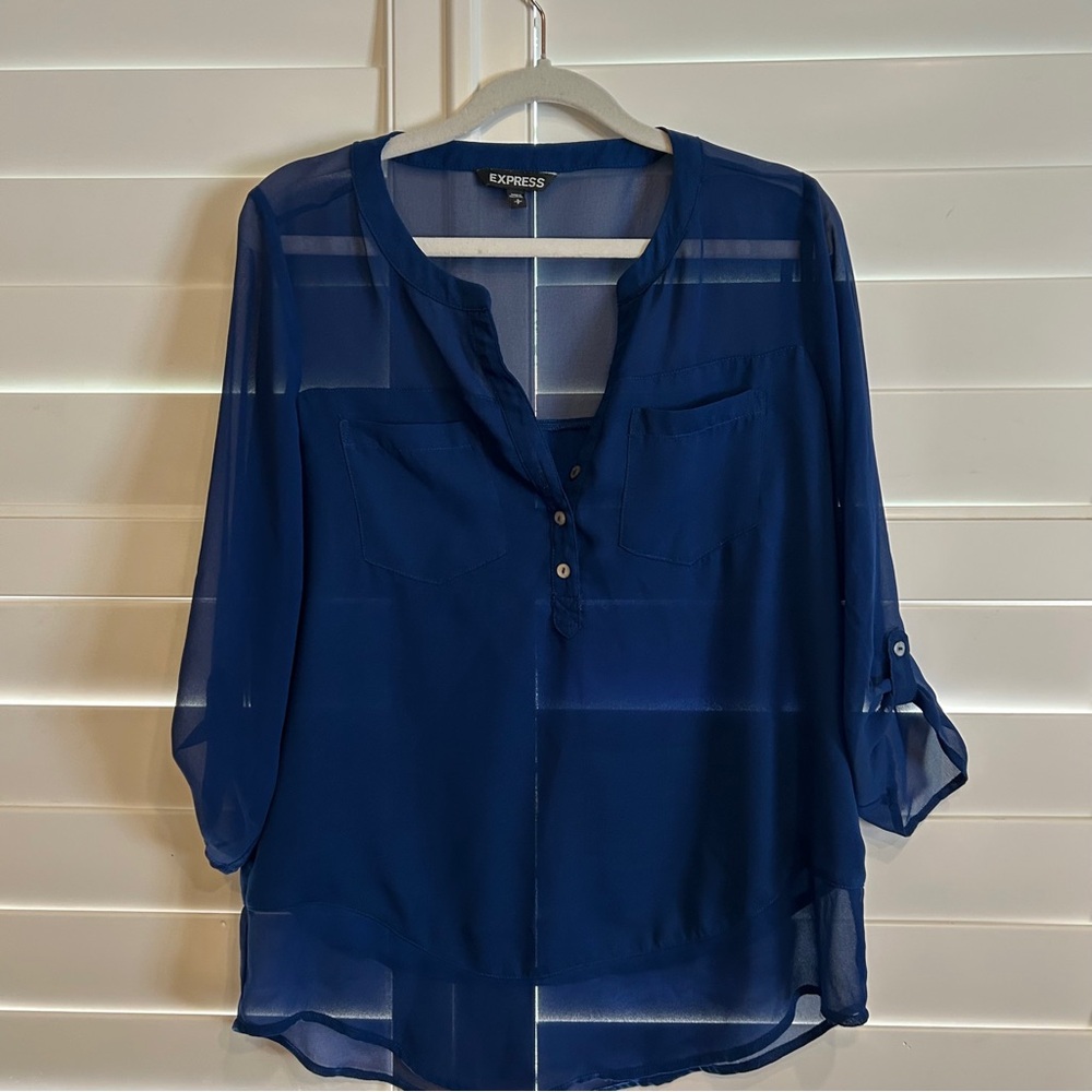 Express Sheer Split Neck Blouse Blue Size Small